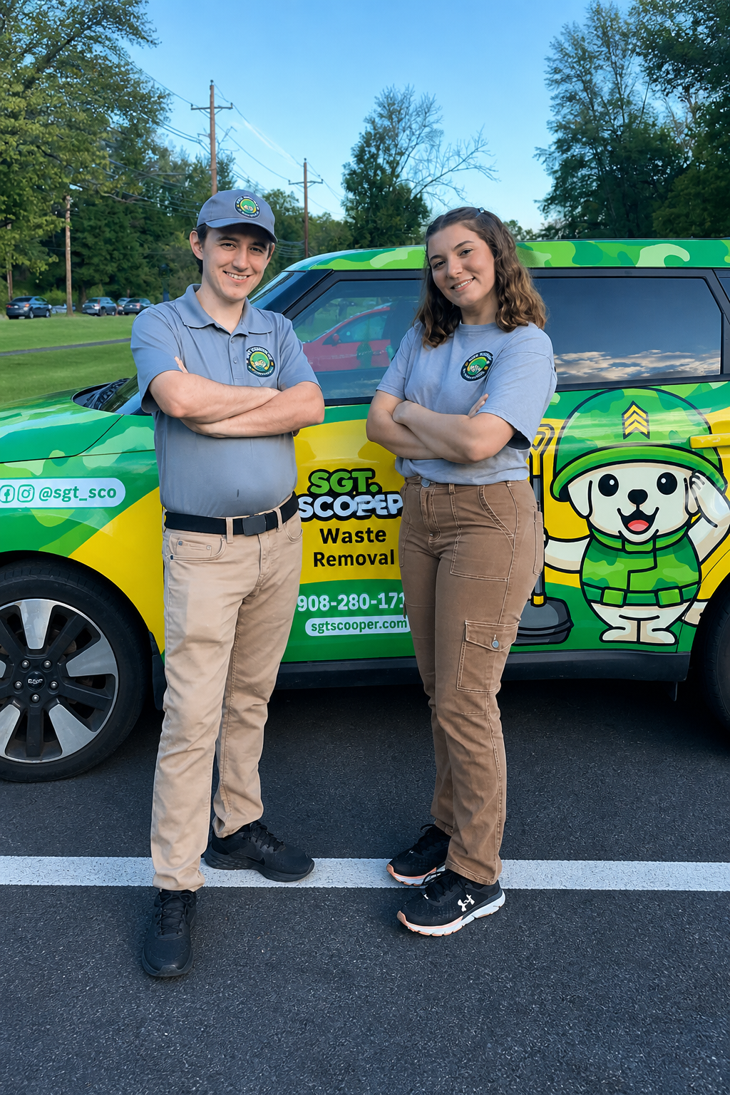 Pam and Dom of Sgt. Scooper standing by their branded vehicle